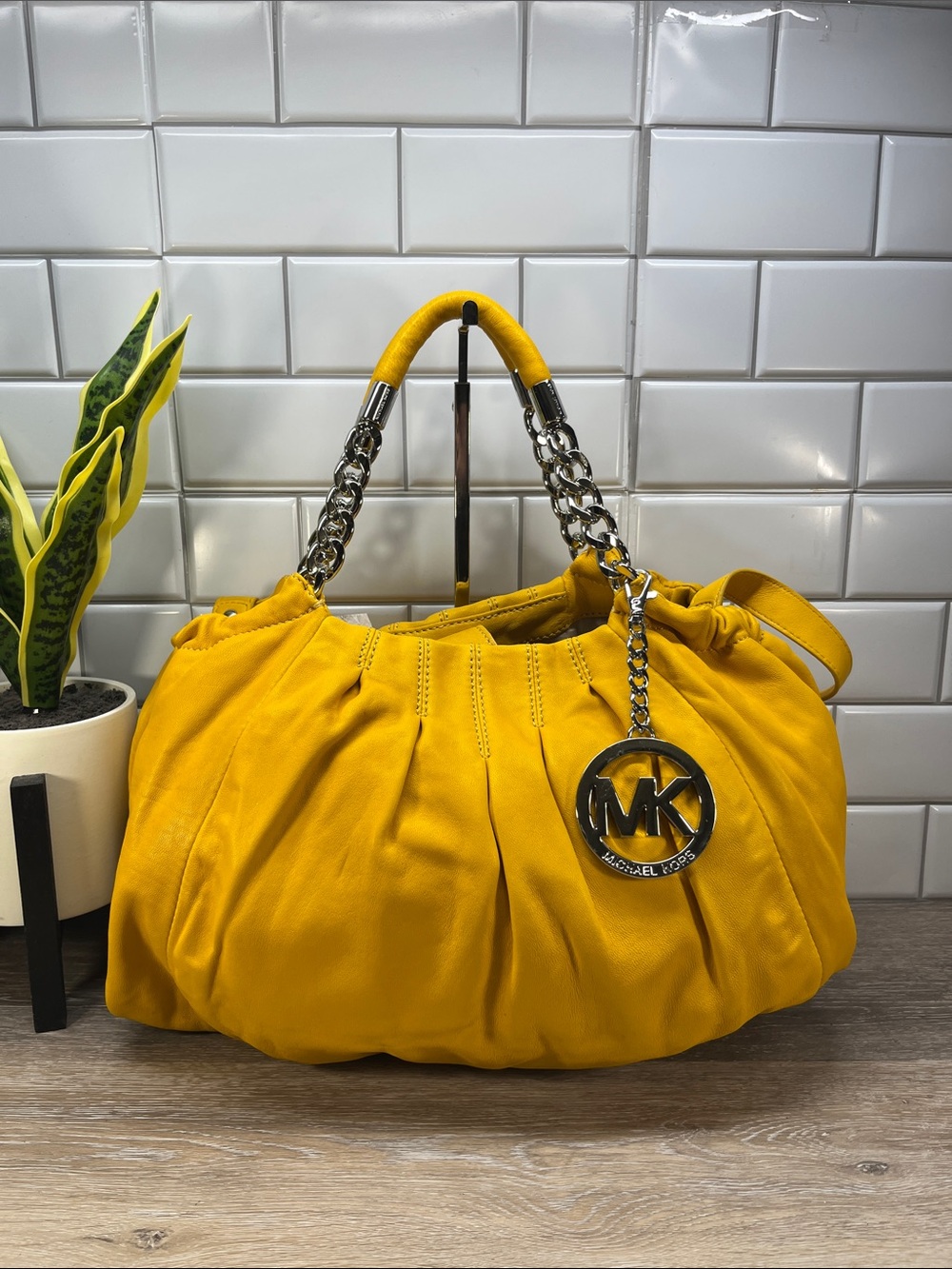 Michael Kors Yellow Pleated Shoulder Bag with Chain Detail